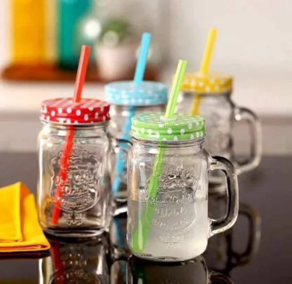 Glass jar with coloured cap lid and straw - Image 2