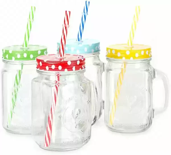 Glass jar with coloured cap lid and straw