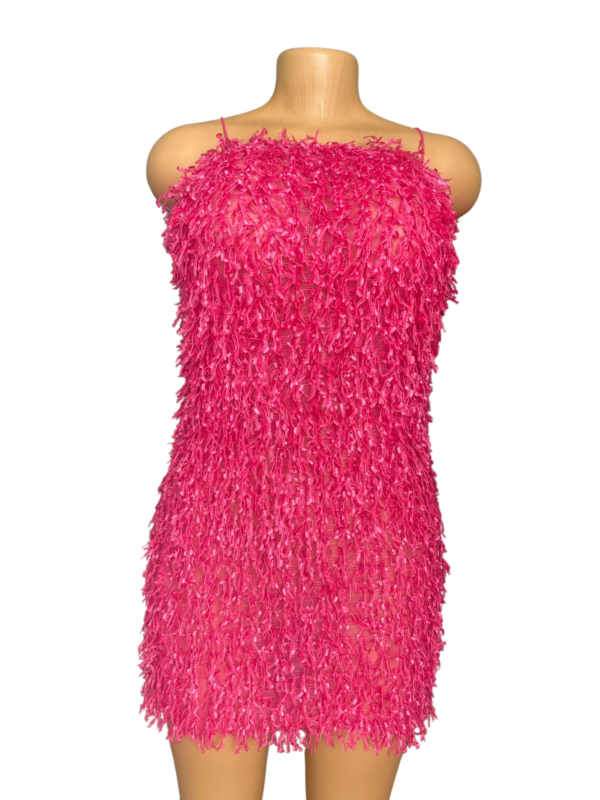 Pink Textured Fringe Mini Dress