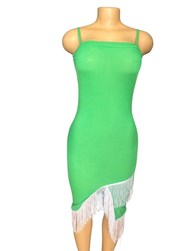 Green Emerald Charm Ribbed Bodycon Dress with Fringe Hem
